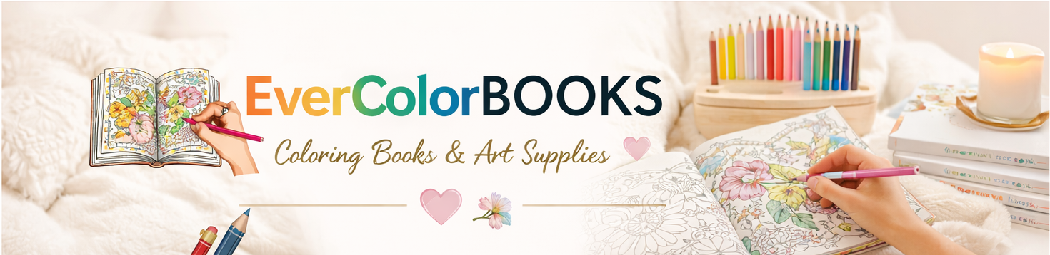 evercolorbooks banner with logo white and pink coloring books in the background