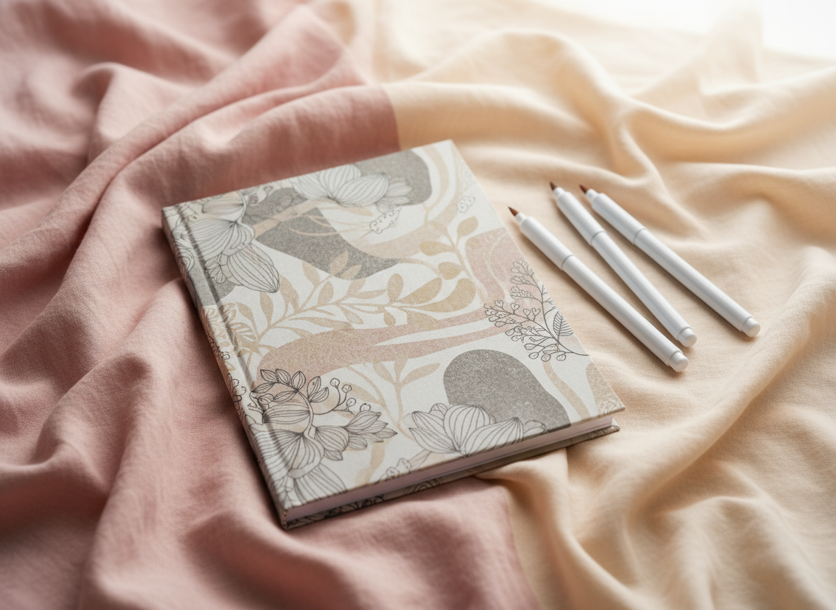 A cosy, inviting product-style photograph of an unspecified colouring book resting naturally on soft blush pink and warm cream fabric, with a few white colouring markers placed beside it. Gentle diffused light, calm cosy colouring-brand aesthetic, clean composition, no readable text, no logos, no extra objects.
